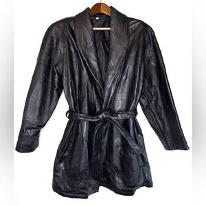 vintage women's patchwork leather coat size Medium black tie waist Witchy Grunge